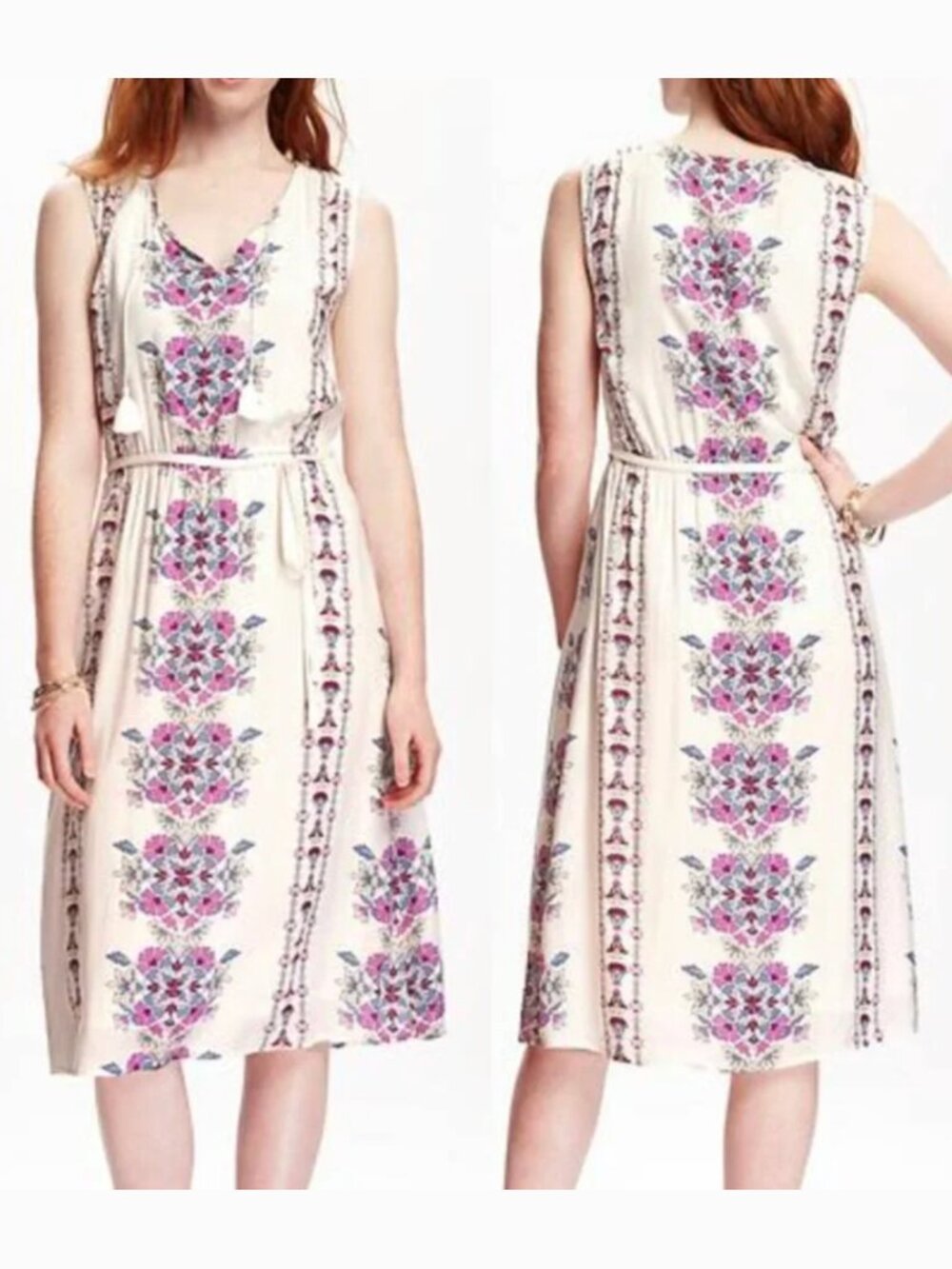 OLD NAVY Printed Tassle Boho Midi Dress Cream Ivory Floral Tassel Boho M NO BELT
